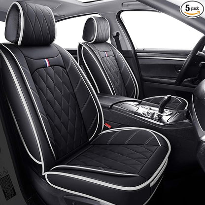 Aierxuan 5 Car Seat Covers Waterproof Leather Universal Cushions Split Bench Compatible with 4Runner CRV Camry Yaris Sienna Venza FJ Cruiser Wrangler Tucson Equinox(Full Set, Black-White)