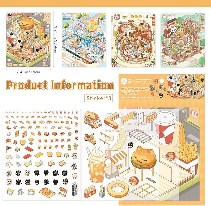 Girls 3D Miniature Scene Stickers, 4 Sets Mini Stores DIY House Stickers for Burger, Hot Pot, Convenience Store, Breakfast, Cute 3D Cartoon Scene Stickers for Adult Kids Relief Stress Pass The Time