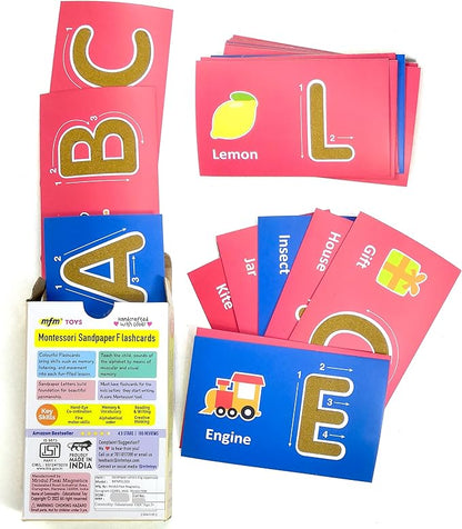 MFM TOYS Montessori Sandpaper Letters Tactile English Flashcards Combo (English Uppercase + Lowercase + Numerals + Sand Tray) | Most Comprehensive Early Learning Flashcards