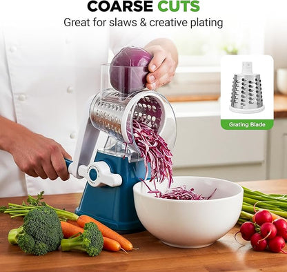 NutriChef 3 in 1 Cheese Grater & Shredder | Strong Suction Base, Rotary Handle