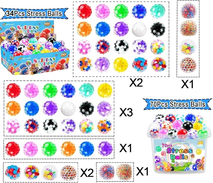 34Pcs Stress Balls, Squishy Squeeze Balls Bulk, Small Sensory Balls, ADHD Stress Relief for Adults , Classroom Prizes, Party Favors, Birthday Gift, Goodie Bag Stuffers
