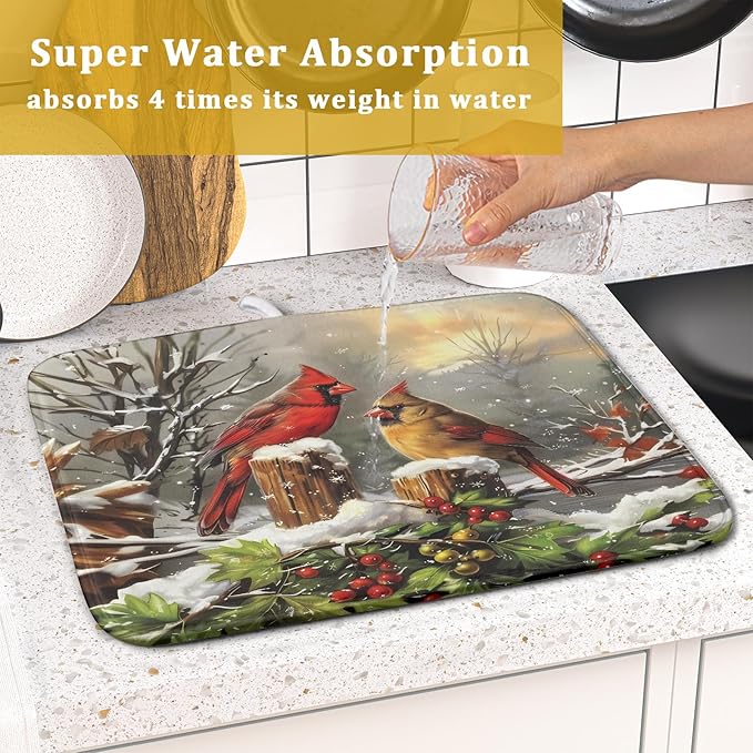 Winter Dish Drying Mat for Kitchen Counter 16x18 Inch Red Birds Cardinal Tree