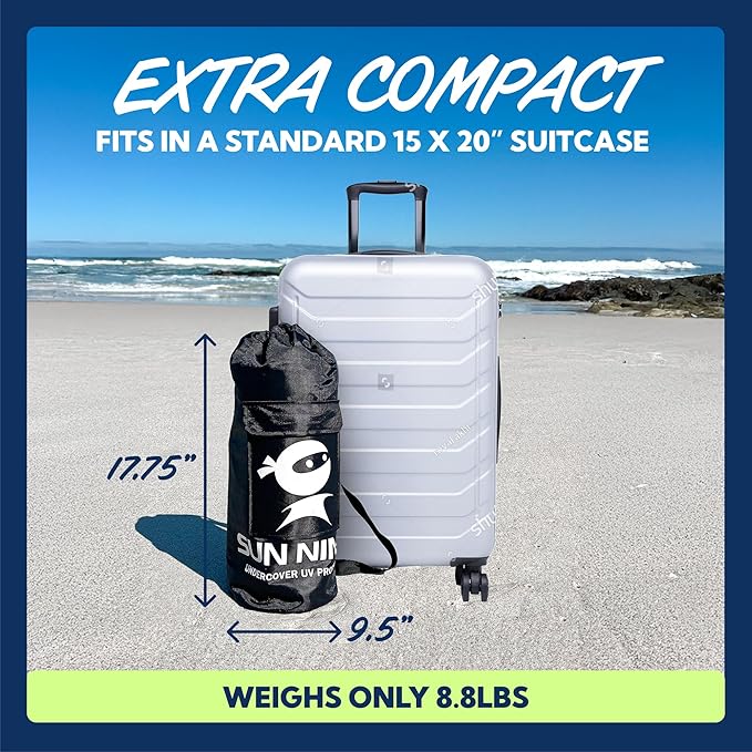 SUN NINJA Beach Tent Sun Shelter UPF50+ - Easy Pop Up Beach Canopy - Outdoor Shade for Camping Trips, Fishing, Backyard Fun Picnics - Sand Shovel, Ground Pegs & Stability Poles
