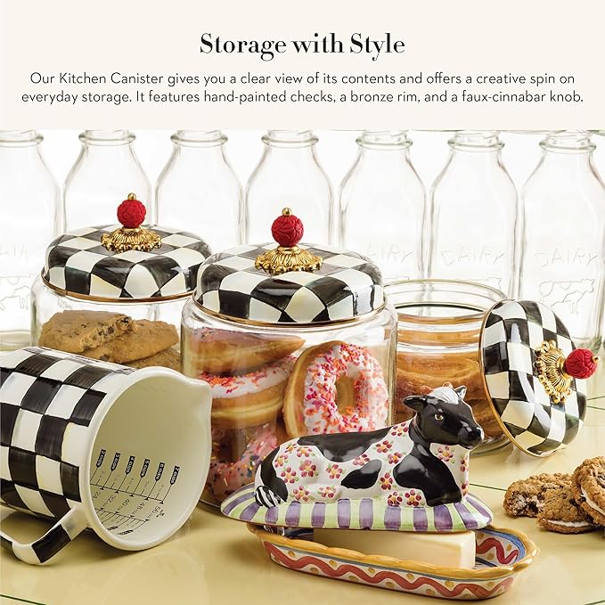 MACKENZIE-CHILDS Courtly Check Kitchen Canister, Decorative Black-and-White Glass Storage Jar with Lid, Small