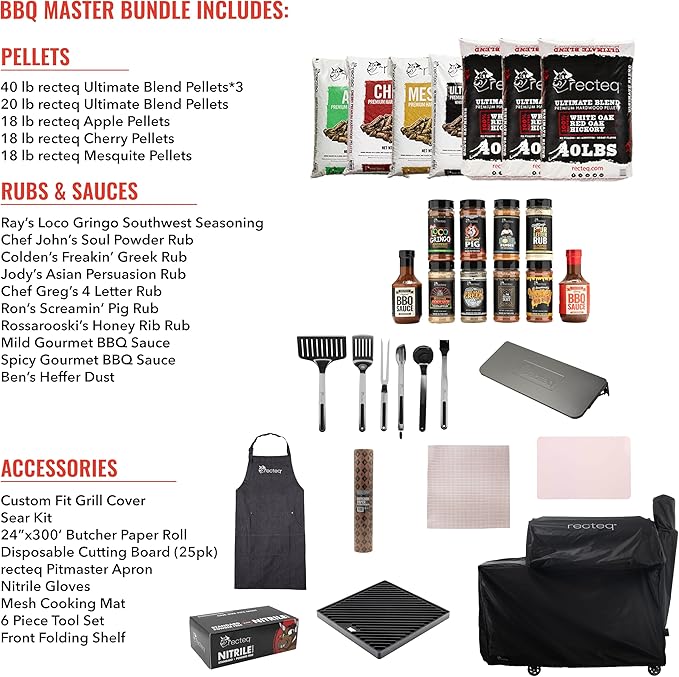 recteq Pellet Grill Smoker - Flagship 1600, Wood Pellet Smoker, BBQ Pellet Smokers, Wi-Fi Smart Grill, 1600 Sq. In. Cook Space, Pellet Smoker Grill, 40 lbs Hopper, 40 Hr Cooking, BBQ Master Bundle