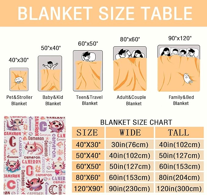 Personalized Baby Blanket for Girls Boys Kids Axolotls Custom Baby Blanket with Name Throw Birthday Gift for Toddlers Infants Shower Newborns Nursery Stroller Crib Bed Decor