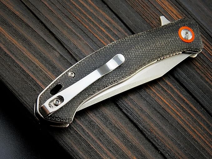 Sitivien ST112 Folding Knife, D2 Blade and Micarta Handle EDC Tool Knife with Pocket Clip for Outdoor Camping Hiking Survival(Black)