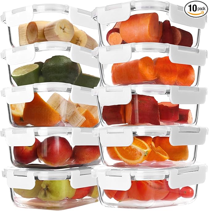 BAYZZ 10 Pack 22 oz Glass Meal Prep Containers, Glass Food Storage Containers with Airtight Lids, BPA-Free, Freezer and Microwave Safe, White