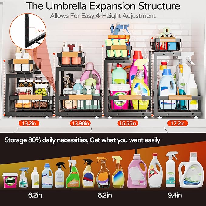 ADBIU Under Sink Organizer, 2 Pack 2 Tier Expandable Height Pull out Kitchen