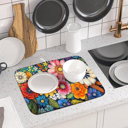Giwawa Boho Flower Dish Drying Mat, Colorful Floral Leaf Dish Drainer Mats