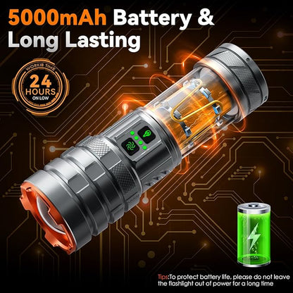 Camping Flashlights,90000 Lumens 5000mAh Super Bright High Lumens Rechargeable Flashlight with 11 Modes,Waterproof,Adjustable LED Multi-Flashlight for Car,Outdoor,Camping,Walking,Tactical