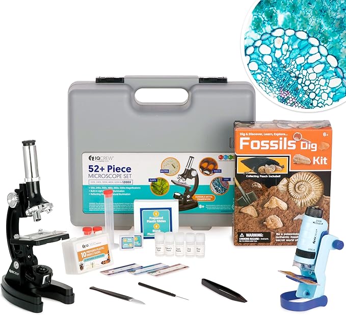 AMSCOPE-Kids 120X-1200X Black Metal Arm Starter Kids Student Microscope Kit with Fossil Dig Activity Kit and Insect Slides - M30-ABS-KT2-KVB2