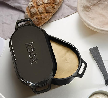 KooK Dutch Oven with Lid, Enameled Cast Iron Bread Baker, Dual Handles