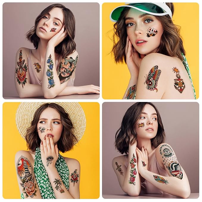 Yazhiji 77sheets Waterproof Temporary Tattoos，Old School Tattoo，Sailor Jerry Style Vintage Classical Fake Tattoo, American Traditional Flower Rose Arm Stickers for Women Men Adults Kids
