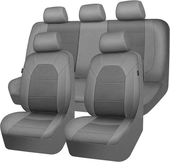 CAR PASS Leather Car Seat Covers Breathable Seat Cover Full Sets Airbag Compatible for Most Cars, SUVs, Trucks, and Vans (Full Set, Gray)