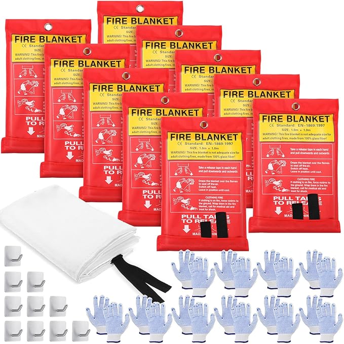 Macarrie 40''x 40'' Fire Blanket Emergency with Hooks and Gloves Fire Suppression Blanket Fiberglass Safety Fireproof Blanket Survival for Kitchen Home Camping Picnic Warehouse Car(10 Pack)