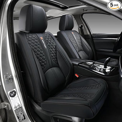 Black Car Seat Covers, Suitable for SUVs, Pickups, and Sedans, 5-Piece Complete Set, Automotive Interior Accessories, Waterproof Leather, with Lumbar Support, Airbag Compatible, Non-Slip