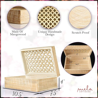 Mela Artisans Wooden Keepsake Box | Whitewash Mango Wood Memory & Photo Storage Box with Hinged Lid | Decorative Storage Box | Extra Large | 10.5x7.5x4 Inch