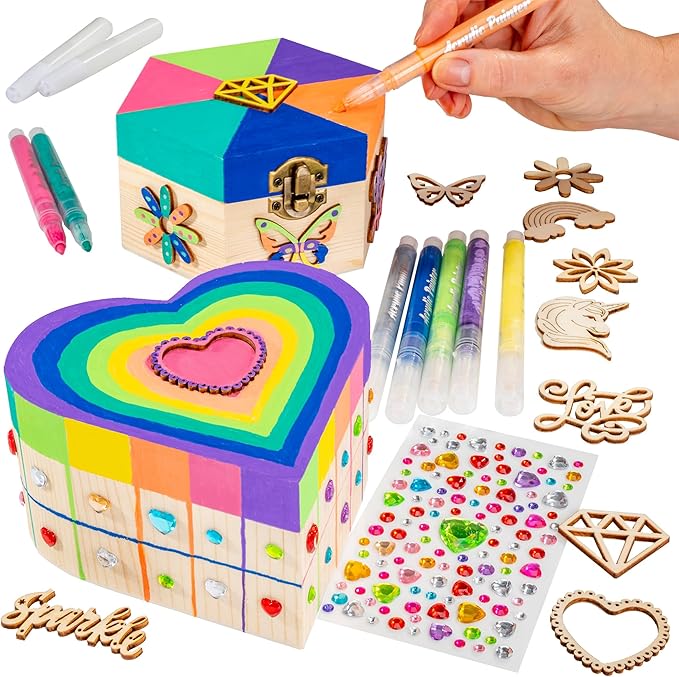 GirlZone Jewelry & Treasure Box, DIY Jewelry Box, DIY Craft for Kids Include Wooden Boxes, Shapes, Acrylic Paint Pens, Gem Stickers & Table Cover, Ideal Painting Crafts for Girls, Valentine Gifts
