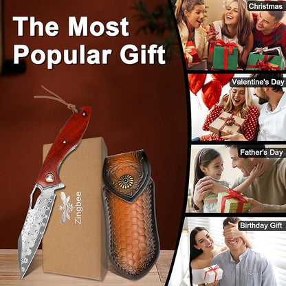Damascus Pocket Knife 3.5" Damascus Steel Blade Foldable Knives with Wooden Handle EDC Camping Folding Knives for Outdoor Men Women Christmas Birthday Gifts