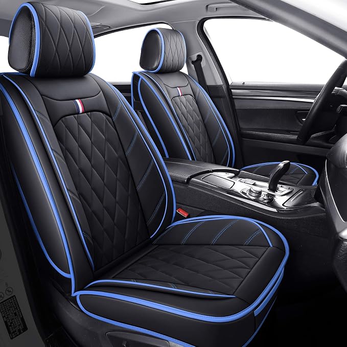 Aierxuan Front Seat Covers for Cars, Waterproof Leather for Nissan Chevy Malibu Kia Soul Sorento Hyundai Elantra Tucson Accent Sonata Kona Outlander Galant (2 PCS Front, Black-Blue)