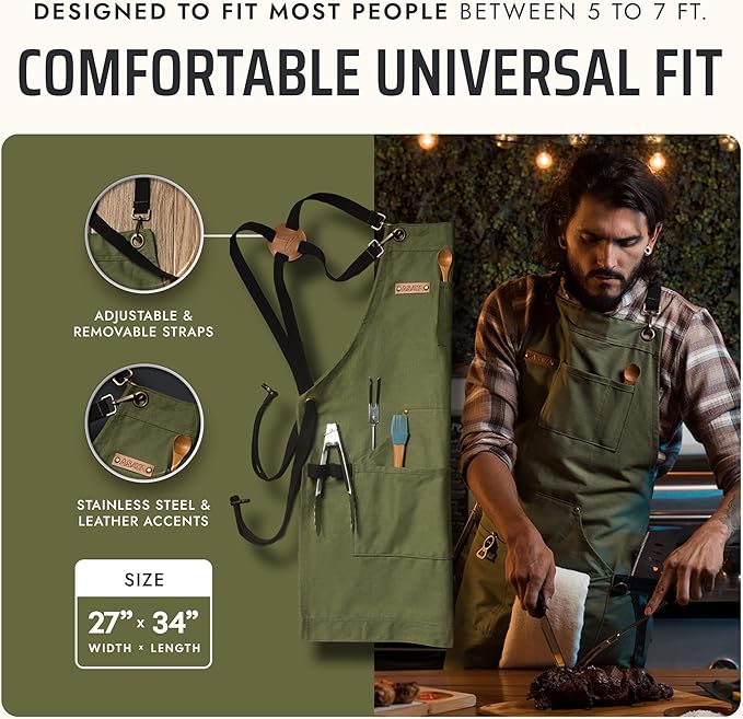 Asaya Chef and BBQ Apron with Bottle Opener and Hand Towel - 10oz Cotton Canvas