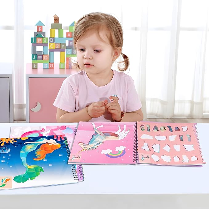 90shine 4PCS Sticker Books for Kids Ages 4-8 Sea-Maid Horned Horse Zoo Pet Themed Designs Party Gift Create 44 Pictures