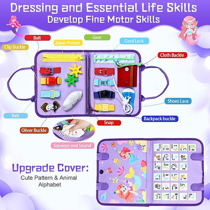 Esjay Toddler Busy Board Montessori Toys for Girls, Sensory Board Educational Activities Learning Fine Motor Skills, Birthday Gifts for Girls Toddlers, Travel Toys for Airplane Car, Purple Merpeople