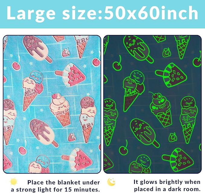 Glow in The Dark Ice Cream Blanket Blue Throw Blanket Food Blanket Unique Birthday Gifts for Girls Teens Kids Funny Blankets for Couch Sofa Bed
