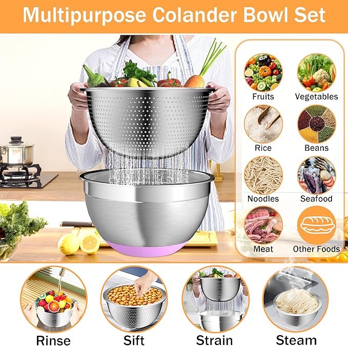 Nicdiet Mixing Bowls with Airtight Lids, Stainless Steel Mixing Bowl Set with 3