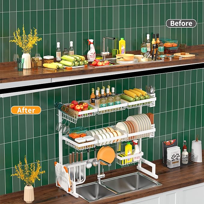 PUSDON Over Sink Dish Drying Rack Stainless Steel, Adjustable Large Dish Drainer