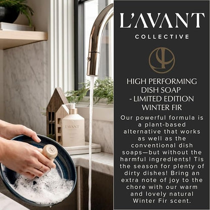 L'AVANT Natural Dish Soap, Plant-Based, Refillable Pump, Winter Fir, 16 oz | Plant-based formula, grease-cutting power, refillable glass pump bottle, gentle on hands, kid and pet safe, Winter Fir scent
