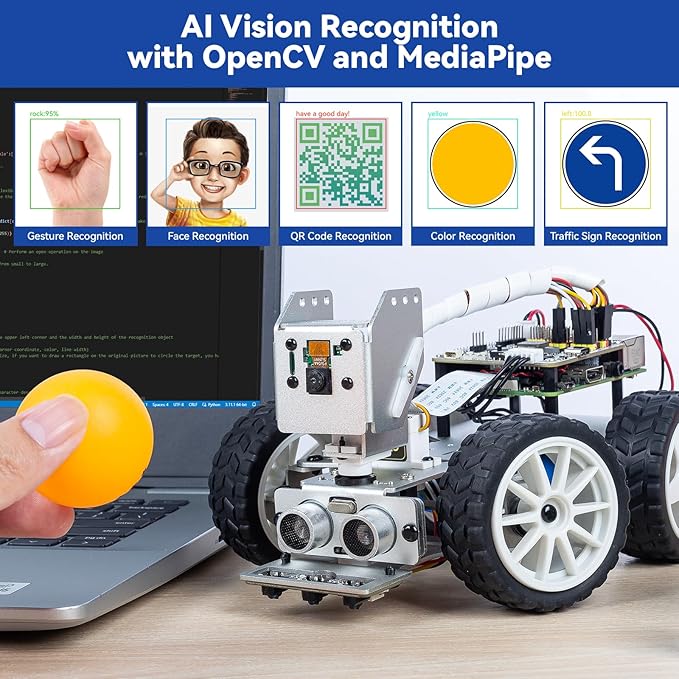 SunFounder Picar-X AI Video Robot Car Kit for Raspberry Pi 5/4/3B+/Zero 2w, LLMs ChatGPT-4o/Gemini/Grok, Voice&Video Recognition, Python, Scratch, Camera, Batterry (RPI NOT Included)