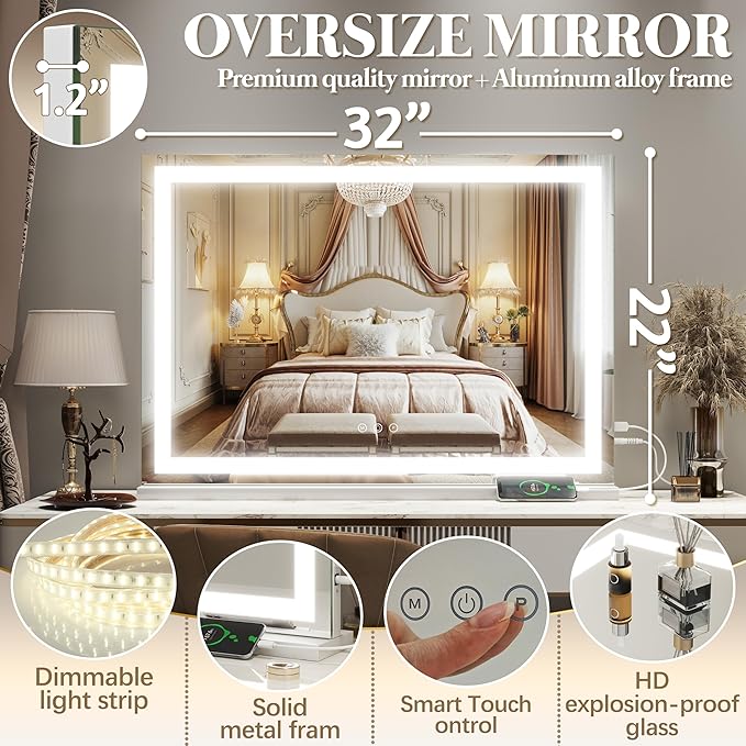 FENNIO Vanity Mirror with Lights 32"x22", Lighted Makeup Mirror, Large Vanity