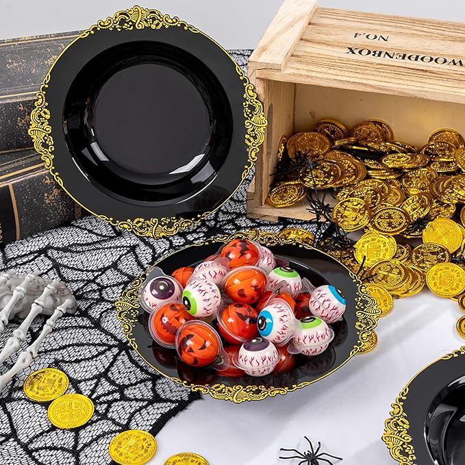 100PCS Black Plastic Bowls - 12 oz Black Gold Disposable Salad Bowls - Heavy Duty Soup Serving Bowl - Fancy Plastic Candy Bowl for Weddings, Parties, Dinners, Catering, Picnics, New Year Party