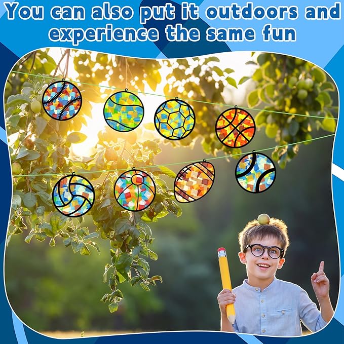 32 Sets Sports Ball Suncatchers Craft Kit DIY Window Stained Glass Effect Football Baseball Basketball Paper Craft Home School Classroom Decoration Kid Birthday Gift Creative Art Project Activity Game