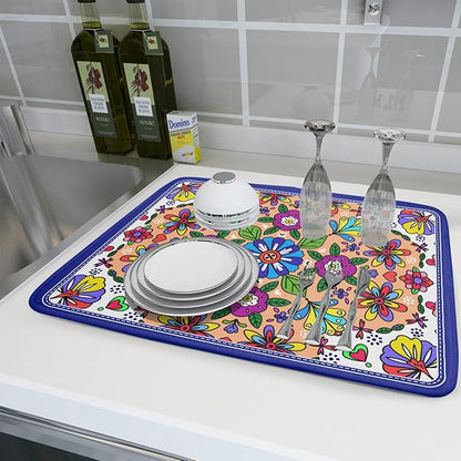 Mexican Talavera Dish Drying Mat Navy Blue Large Microfiber Dish Drain Pad