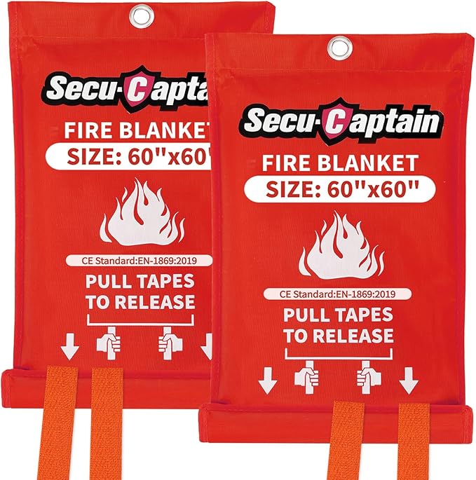 SecuCaptain Emergency Fire Blanket for Home - 2 Pack 60"x60" X-Large Flame Retardant Blankets with Fireproof Tabs for House Camping Kitchen Fire Protection Survival Safety