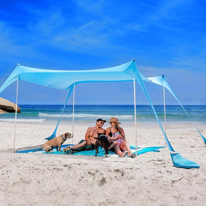 SUN NINJA Beach Tent Sun Shelter UPF50+ - Easy Pop Up Beach Canopy - Outdoor Shade for Camping Trips, Fishing, Backyard Fun Picnics - Sand Shovel, Ground Pegs & Stability Poles