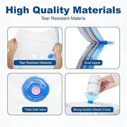 HOUSE DAY 22 Pack Vacuum Seal Bags For Clothing Travel, Vacuum Bags With Electric Pump, Vacuum Sealer Bag for Clothes, Comforters, Blankets, Pillows, Moving (4XL/4L/4M/4S/2S Roll/2XS Roll/2XXS Roll)