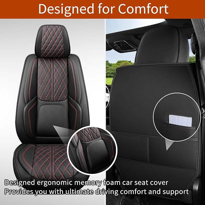 Custom Fit Chevy Silverado GMC Sierra 1500 2007-2026 2500/3500 HD Crew Cab Full Set Car Seat Covers - 5 Pack, Premium Faux Leather Truck Seat Protector with Airbag Compatible Design, BlackRedLine