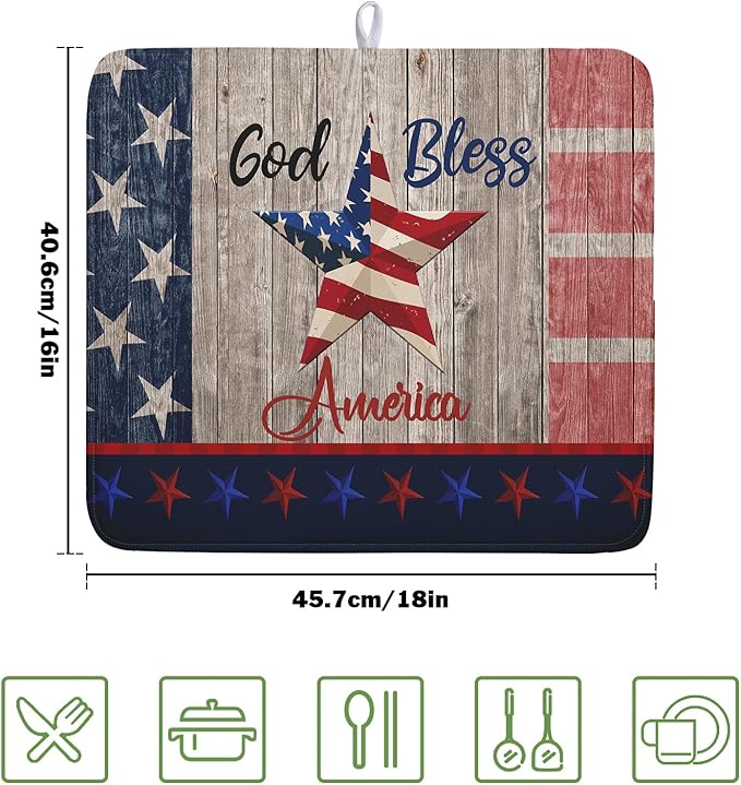 Kawani 4th of July Dish Drying Mat 16x18 Inch Patriotic God Bless America