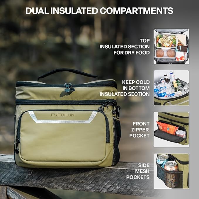 EVERFUN Small Cooler Lunch Box Mini Leak-Proof Soft Double Deck 24 Can Personal Insulated Collapsible Portable Waterproof Lunch Bag Ice Chest for Men Women Work Travel Car Picnic Beach