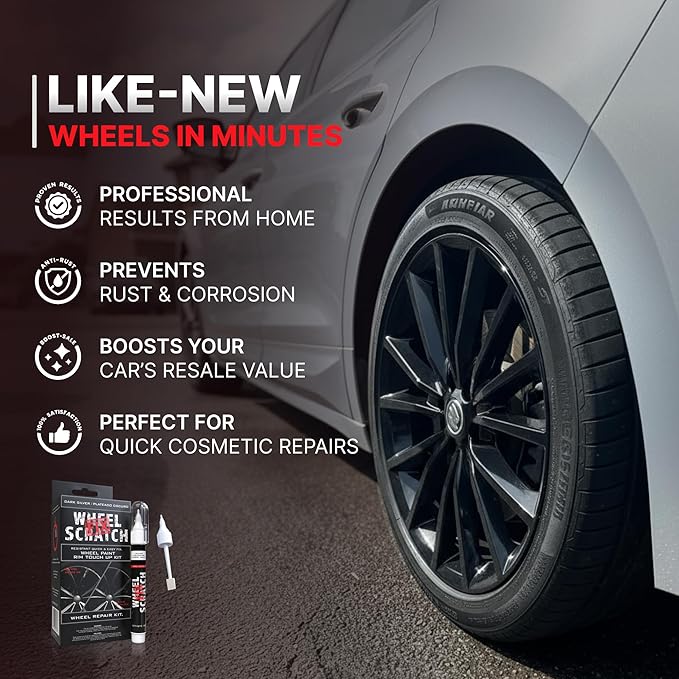 Wheel Scratch Fix® Dark Silver Touch Up Paint for Cars - DIY Alloy Wheel Repair Kit, Curb Rash Remover with Fast-Drying Pen - Long-Lasting OEM Finish Car Rim Paint for Scuffs and Chips at Home (Dark Silver)