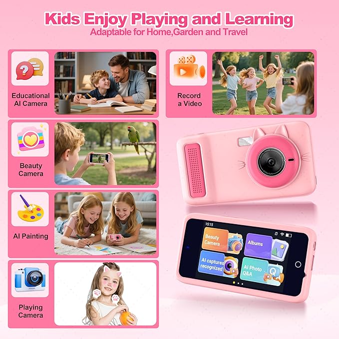 AI Digital Camera for Kids with WiFi for Christmas Birthday Gift for Girls Boys，Touch Screen HD Camera for Home Travel Garden,Kids Toys for 4 5 6 7 8 9 10 11 12 with 32GB SD Card Pink