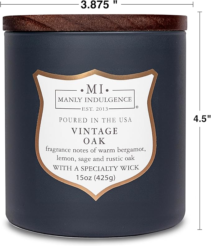Manly Indulgence Vintage Oak Scented Candles for Men, 15 oz Wooden Wick, Premium Soy Blend Wax, 60H Burn, Candles for Home Scented - Made in The USA