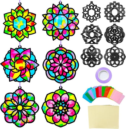 Qyeahkj 36 Set Mandala Suncatchers Crafts for Kids DIY Mandala Window Tissue Paper Craft Kit Art Flower Hanging Decor for Summer School Home Activity Art Project Birthday Party Favor Gift