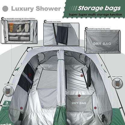 Camping Shower Tent Deluxe Changing Room Easy Set Up Privacy Shelter,Large Toilet Tent with Floor Drain Design for Beach, Camping,Hiking with Stakes and Ropes for Stability