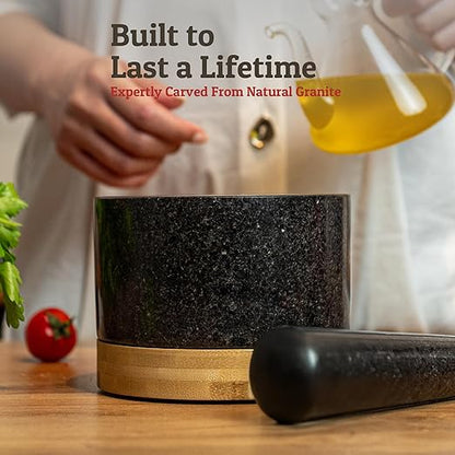 PriorityChef Heavy Duty Mortar and Pestle Set with Bamboo Base, 100% Natural Granite Stone Grinder, Guacamole Bowl and Masher, 2 Cups, Black