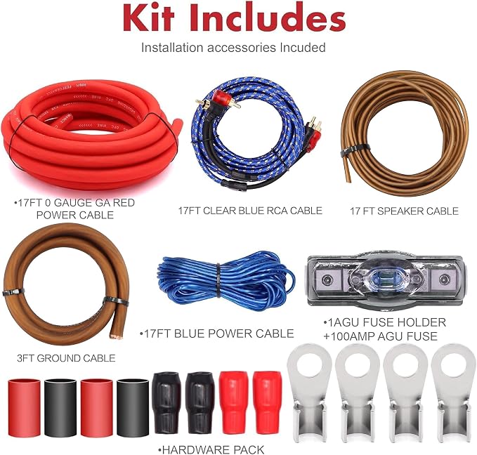0 Gauge CCA Amplifier Wiring Kit 3000W Complete - Copper Clad Aluminum Car Audio Power Cable with Fuse Holder & RCA | for Subwoofer Amp Install